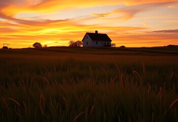 Fototapeta premium Serene sunset paints meadow gold, distant house silhouetted against fiery sky, nature photography, architecture