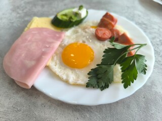morning breakfast on white plate with fried eggs and fried sausages