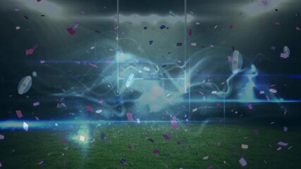 Animation of falling rugby balls and glowing energy field over floodlit rugby pitch at night - Powered by Adobe