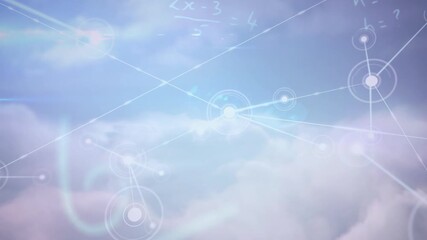 Animation of network of connections and maths equations on blue sky background - Powered by Adobe