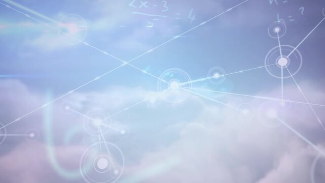Animation of network of connections and maths equations on blue sky background
