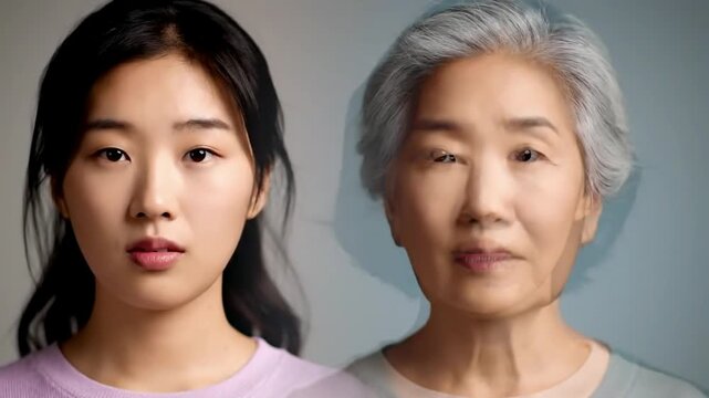 series of portraits showing the same person at different ages, morphing seamlessly from one to the next