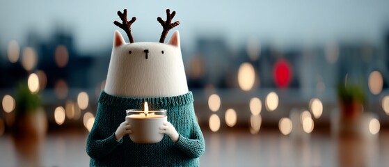 Festive cat figurine holding a lit candle, cozy winter scene