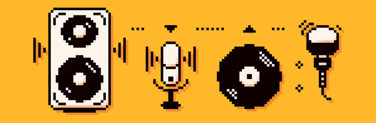 Naklejka premium Pixel podcast elements. Music speaker, microphones, and vinyl record.