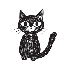 Cat Doodle Black and White Illustration Vector Image Cute Kitten Sketch Line Art Drawing Silhouette
