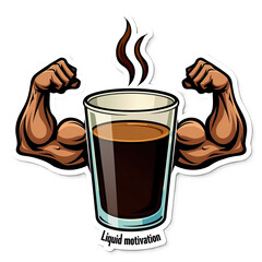 Coffee cup with flexing arms, cartoon style, brown, liquid motivation-