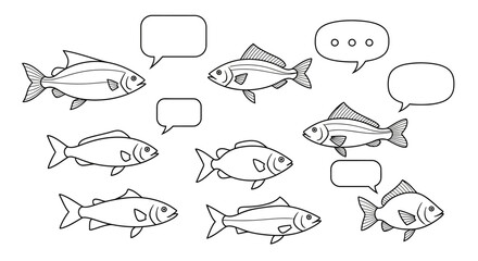 Underwater communication: A line art illustration of fishes with speech bubbles above the fish