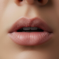Fototapeta premium Close-up of human lips, gently parted and relaxed, exhaling a breath with a soft sigh. Hyperrealistic, detailed texture on a transparent studio background. Concept of calm release and peace