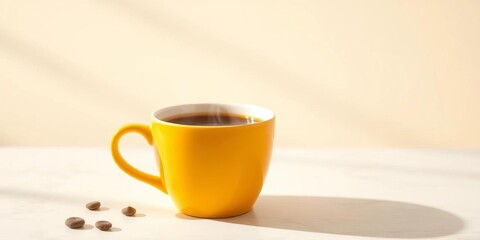 Obraz premium Steaming decaf coffee in a yellow cup on a clean background, closeup, clean background