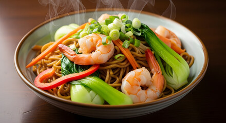 Steaming shrimp noodles with Bok Choy and vibrant vegetables close-up