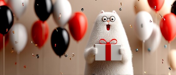 Festive cat holding gift amidst balloons and confetti