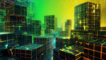 Futuristic neon cubes forming digital cityscape