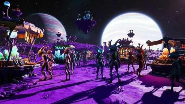 bustling alien marketplace on a distant planet filled with strange creatures and goods.