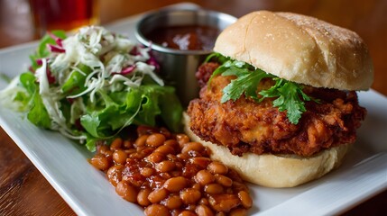 Fried chicken sandwich with beans and salad