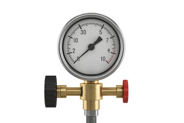 Pressure gauge showing measurement with black and red valves on white background