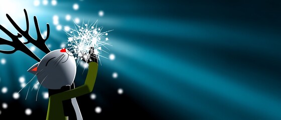 Festive cat with antlers blows sparkling snow