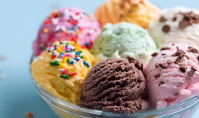 close-up of colorful ice cream in different colors with sprinkles and chocolate chips