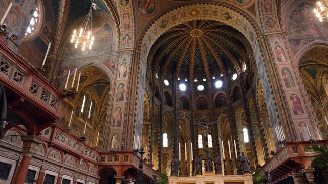 Basilica of Saint Anthony of Padua Interior With Frescoes, Chandeliers, And Dome In Italy. - pan shot