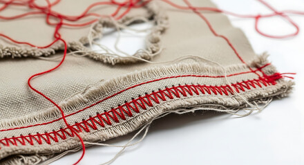 Roughly Torn Fabric with Red Zigzag Stitching and Loose Threads, Close Up