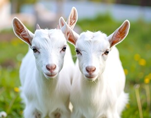 Obraz premium Two adorable, white baby goats face the camera in a grassy field, their expressions captivating.