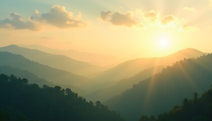 Sunbeams breaking through clouds over a misty mountain range at sunrise, creating a breathtaking natural vista