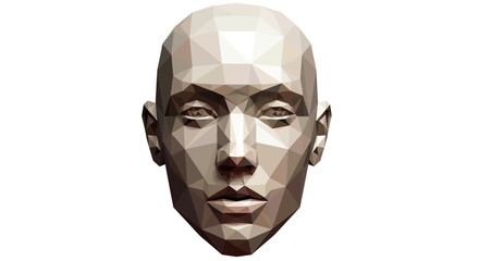 Low poly rendering of a human face with neutral expression and light complexion color on white