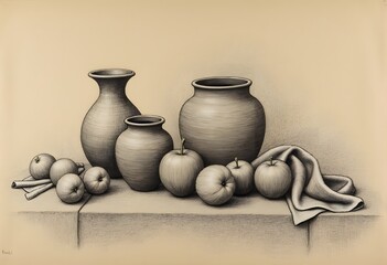 A classic still life drawing featuring pottery vases and apples arranged on a surface, rendered with detailed shading and light