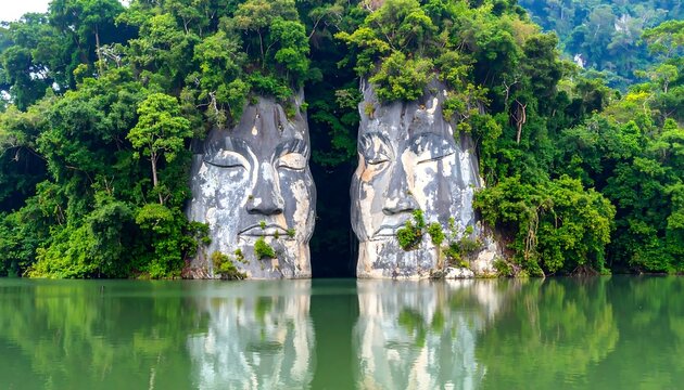 Two carved stone faces emerge from a cave, reflected in a still lake, surrounded by lush green foliage