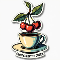 Coffee cup with cherries, cartoon style, colors, from cherry to cheer -