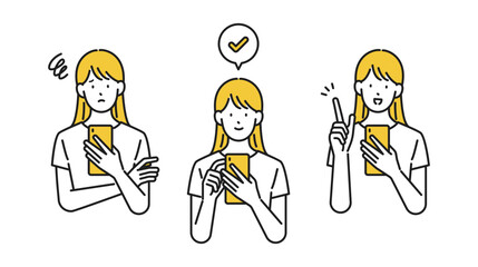 イラスト素材：スマホを使う女性のイラストセット