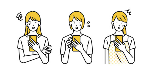 イラスト素材：スマホを見て困っている若い女性 表情セット