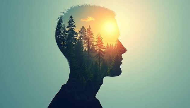 A double exposure silhouette of a mans profile filled with a dense forest and a bright sun, symbolizing introspection and the connection between humanity and nature