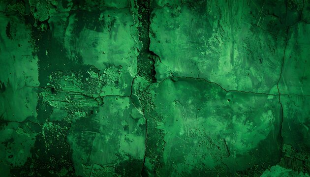 A deep, vibrant emerald green texture shows intricate cracks and mottled surface patterns on a weathered wall.