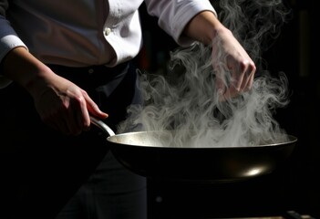 Chef expertly sprinkles seasonings into smoking hot frying pan for a burst of flavor in an elegantly minimalistic kitchen setting