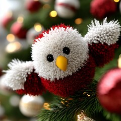 Festive fluffy bird ornament on Christmas tree