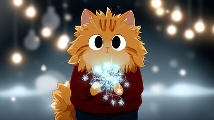 Festive fluffy cat holding glowing snowflake