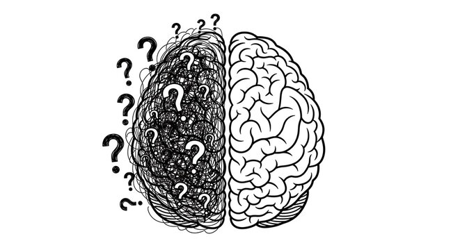 Abstract visual representation of a human brain divided into two distinct halves showcasing clarity and confusion with question marks indicating uncertainty and inquiry