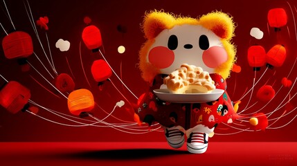 Festive furry creature holding mooncake amidst lanterns