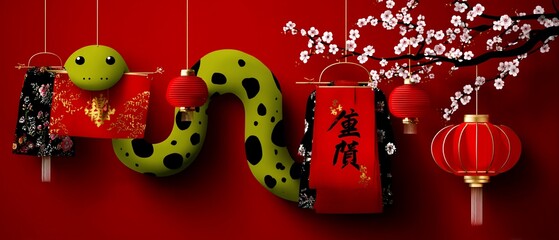 Festive green snake with lanterns & cherry blossoms on red background