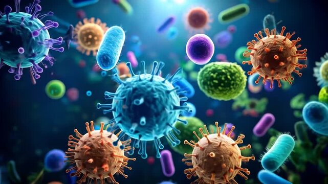 Colorful Microscopic Bacteria and Viruses Floating in a Dark Blue Background.