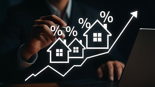 Real Estate Market Growth Concept: Professional Analyzing Rising Home Values and Mortgage Interest Rates with Digital House Icons, Percentage Symbo...