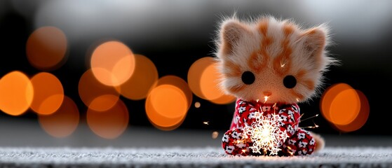Festive kitten in pajamas holds sparkler before bokeh lights