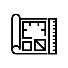 Fototapeta premium Outline icon of a blueprint with ruler, symbol of planning and design.