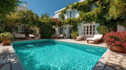 Fototapeta premium Square pool in the Greek villa garden concept. Beautiful house with a refreshing pool surrounded by lush greenery.