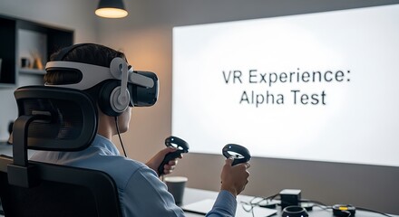 Man wearing VR headset and holding controllers, testing an alpha version of a virtual reality experience.