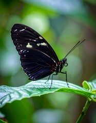Fototapeta premium Black butterfly perched on a leaf