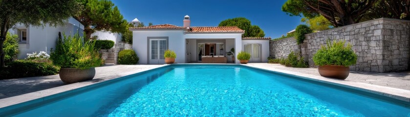 Fototapeta premium Square pool in the Greek villa garden concept. Stunning modern villa with a pristine swimming pool outdoors.