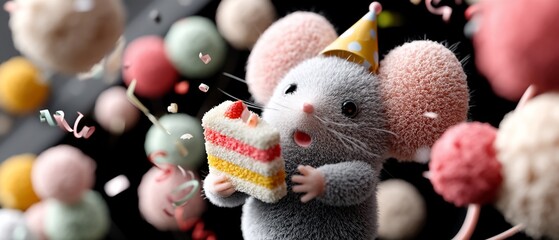 Festive mouse enjoying birthday cake amidst colorful confetti and balls