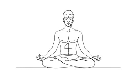 Continous line drawing of man in yoga pose, meditation with peace of mind for relaxation and