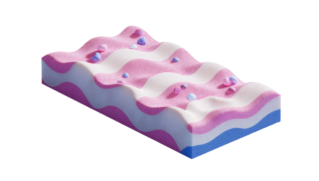 Abstract 3D block with wavy, pastel pink and white stripes, topped with light purple gems